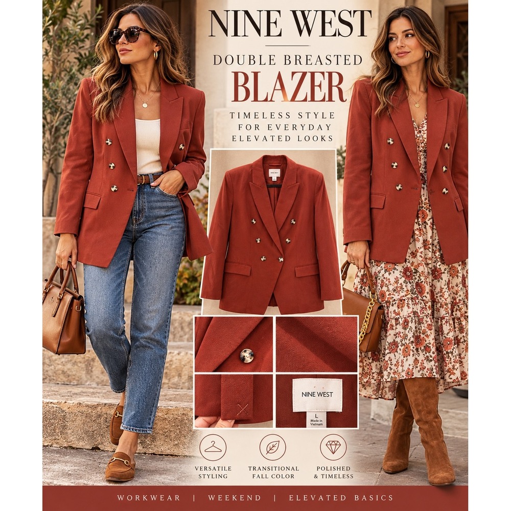 Nine West Rust Double Breasted Blazer L Longline Boyfriend Quiet Luxury NWOT